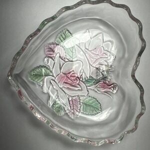 Home Beautiful Dish Japan VTG Crystal Floral Heart  Embossed‎ Rose Serve Candy